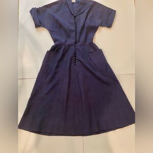 VINTAGE 1950's Seersucker A-line Navy Shirt Dress    Size 6